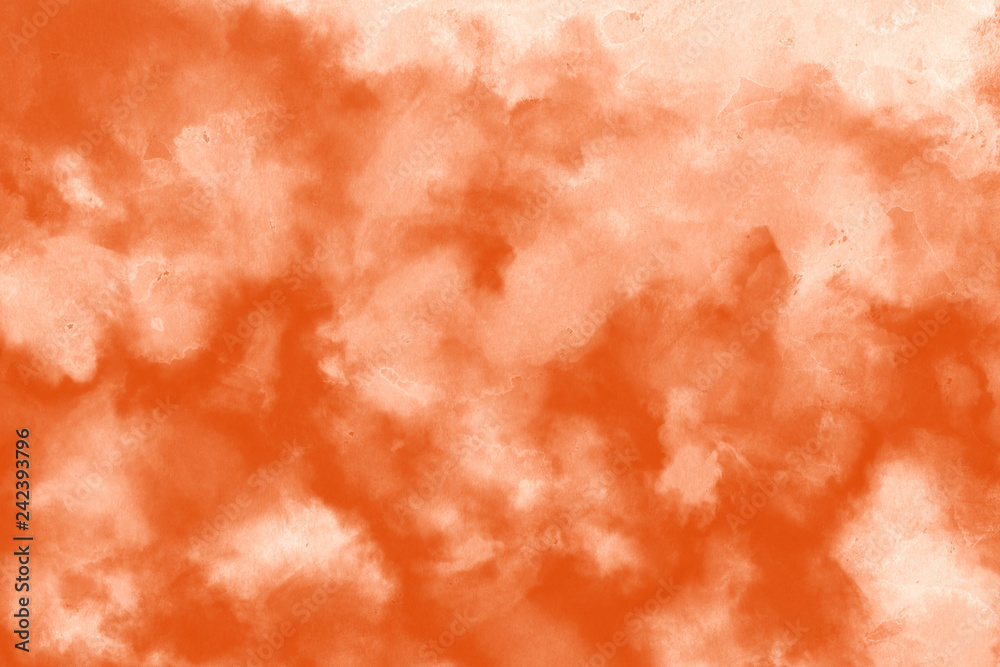 Orange ink and watercolor textures on white paper background. Paint leaks and ombre effects. Hand painted abstract image.