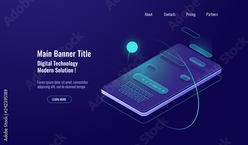 Text message isometric, mobile chat dialog, messenger concept, mobile phone keyboard, chatbot, support online, feedback application dark neon vector
