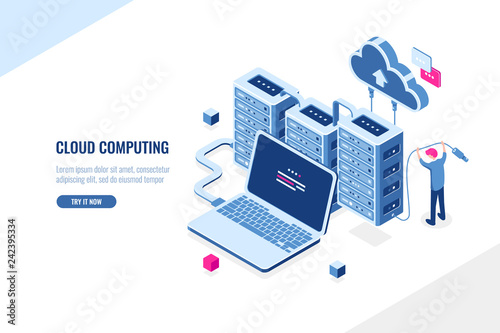 Big data source, data center, cloud computing and cloud storage isometric concept, server room rack, man engineer, flat vector illustration, blue and pink photo