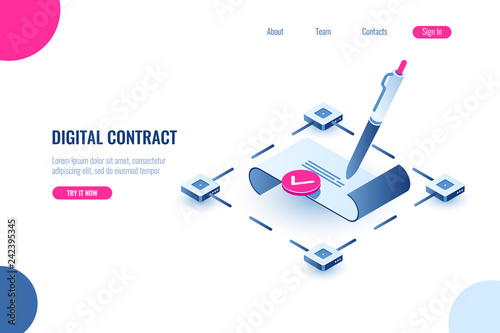 Digital smart contract, isometric icon concept of electronic signature, blockchain technology crypto, paper receipt of payment, verified document, flat vector illustration, blue and pink