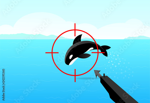 Hunter aimed his gun at killer whale, vector art