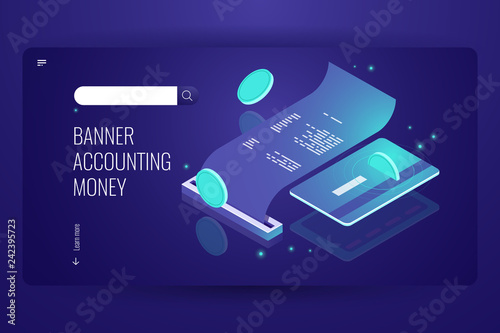 Blockchain payment concept, isometric internet online pay and bank, electronic bill and billing information, printing receipt of purchase, credit card dark neon violet