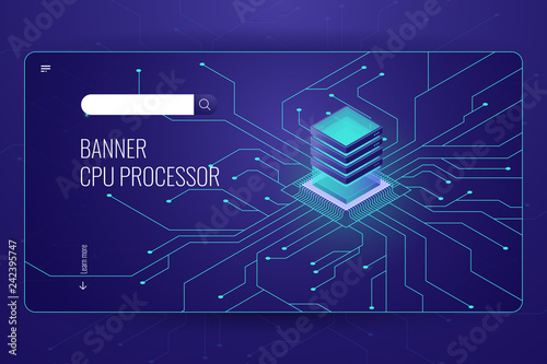 Big data processing, CPU processor isometric banner, network data transfer and calculation, dark neon violet