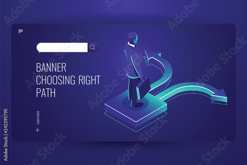 Businessman chooses way, business concept difficult choice, arrow left and right on road, dark neon isometric