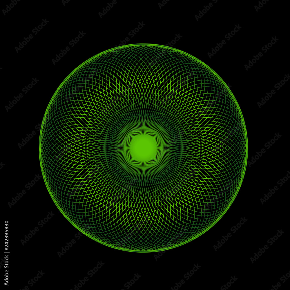 Abstract spirograph art , parabolic curve of line in circle form illustration. Vector image.Round pattern color on black background.