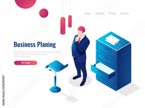 Organization of the working process isometric, work with documents, paperwork, the man thinks brainstorming, office interior people