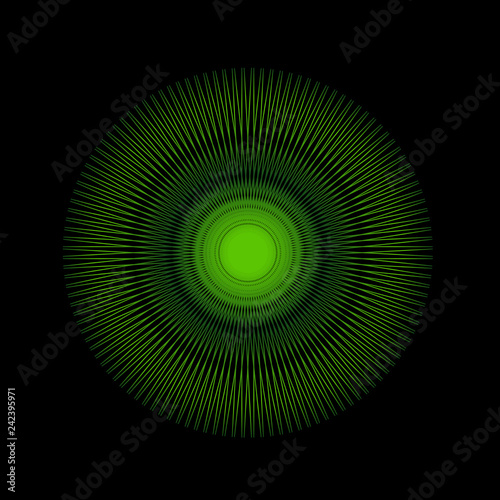 Abstract spirograph art   parabolic curve of line in circle form illustration. Vector image.Round pattern color on black background.
