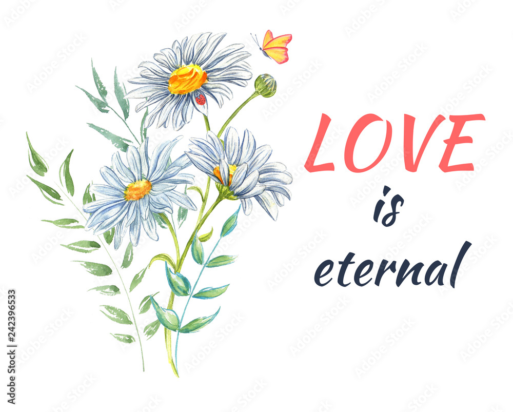 A Watercolor of Flowers and inscription Love. A Watercolor of Flowers and inscription Love.