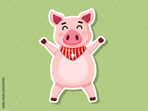 Cute cartoon fat Pig Sticker on color background. Vector Illustration cartoon style.