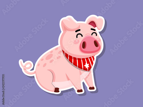 Cute cartoon fat Pig Sticker on color background. Vector Illustration cartoon style.