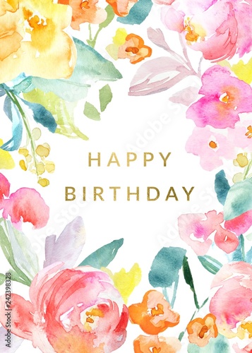 Tropical Floral Happy Birthday Card with Colorful Flowers. Printable Happy Birthday Card