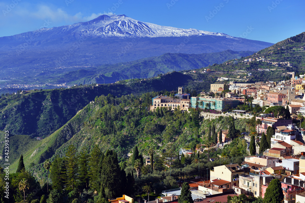 Smoke, ash and gas rising from Mount Etna volcano after the recent eruption, Sicily, Italy