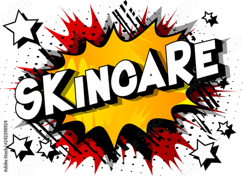 Skincare - Vector illustrated comic book style phrase on abstract background.