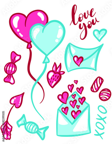 Hand drawn in doodle, cartoon style VECTOR illustration with love set of letters envelopes baloons and candies isolated on white