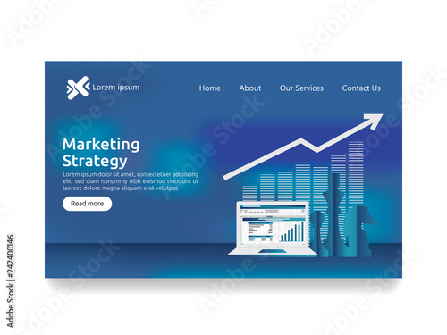 business marketing strategy spreadsheet on screen. finance analysis audit with graphs charts. Return on investment ROI concept. increase profit stretching rising up. web landing page template