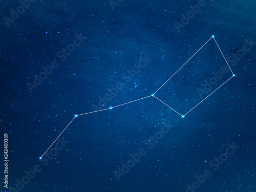 Really north sky with Big Dipper Constellation with lines. Ursa Major or The Great Bear at starry winter night sky.