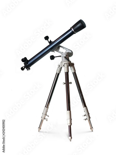 Telescope standing on tripod over white background