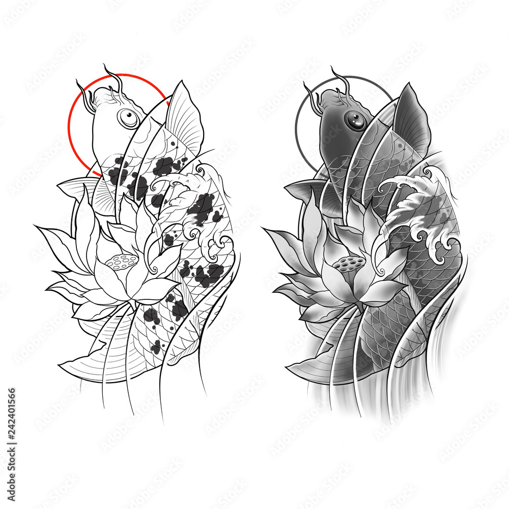 Hand drawn koi fish with lotus flower and water wave tattoo design, Digital art painting, japanese tattoo style, tattoo flash image. Stock Illustration
