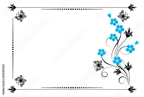 Set vintage ornament with forget me not flowers,  frame and decorative divider for greeting card