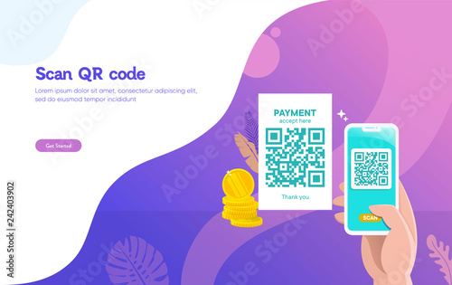 people scan QR code vector illustration concept, people use smartphone and scan qr code for payment and everything, can use for, landing page, template, ui, web, mobile app, poster, banner, flyer