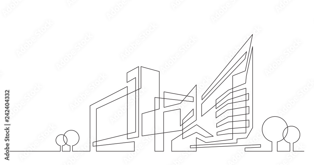 Fototapeta premium streszczenie architektura panoramę miasta z drzewami - pojedyncza linia grafiki wektorowej na białym tle