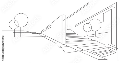 abstract futuristic city landscape with trees and buildings - single line vector graphics on white background