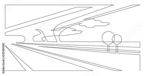 abstract futuristic highway with trees and clouds in sky - single line vector graphics on white background
