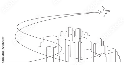 abstract modern city skyline with skyscrapers and airplane in sky - single line vector graphics on white background