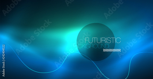 Glowing abstract wave on dark, shiny motion, Christmas and New Year magic space light. Techno abstract background