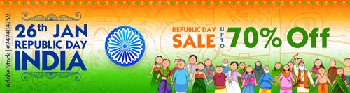 People of different religion showing Unity in Diversity on Happy Republic Day of India Sale Promotion Background