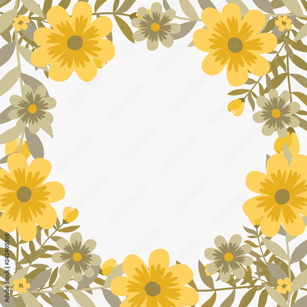 Floral greeting card and invitation template for wedding or birthday anniversary, Vector circle shape of text box label and frame, Yellow cosmos flowers wreath ivy style with branch and leaves. Floral greeting card and invitation template for wedding or birthday anniversary, Vector circle shape of text box label and frame, Yellow cosmos flowers wreath ivy style with branch and leaves.
