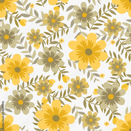 Wallpaper Mural Floral vector artwork for apparel and fashion fabrics, Yellow cosmos flowers wreath ivy style with branch and leaves. Seamless patterns background. Torontodigital.ca