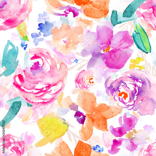 Wild, Colorful Watercolor Flower Pattern. Seamless Background Floral Wallpaper
