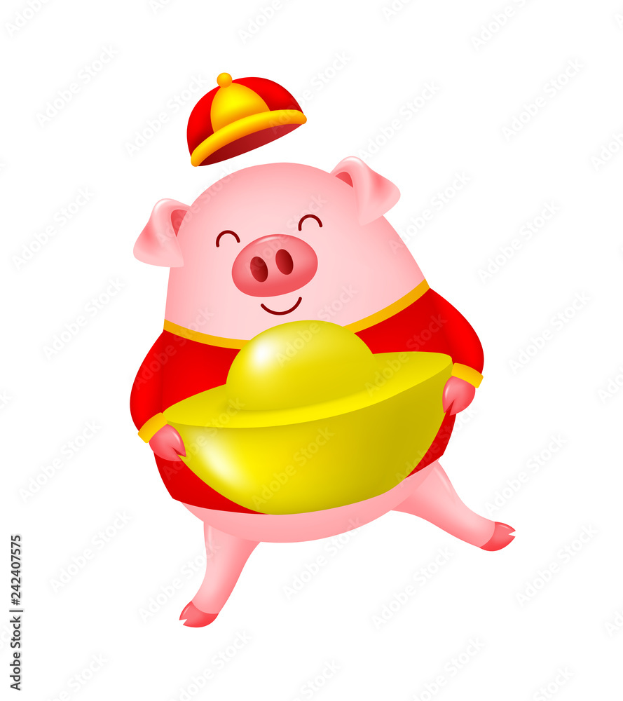 Funny cartoon pig characters wearing Chinese costume hold money sign. Happy  Chinese New Year concept. Happiness piggy dancing. Illustration isolated on  white background. Stock Vector | Adobe Stock