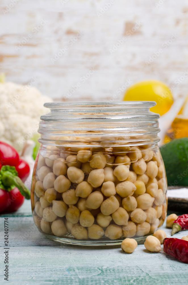 Canned chickpeas in a glass jar Canned chickpeas in a glass jar
