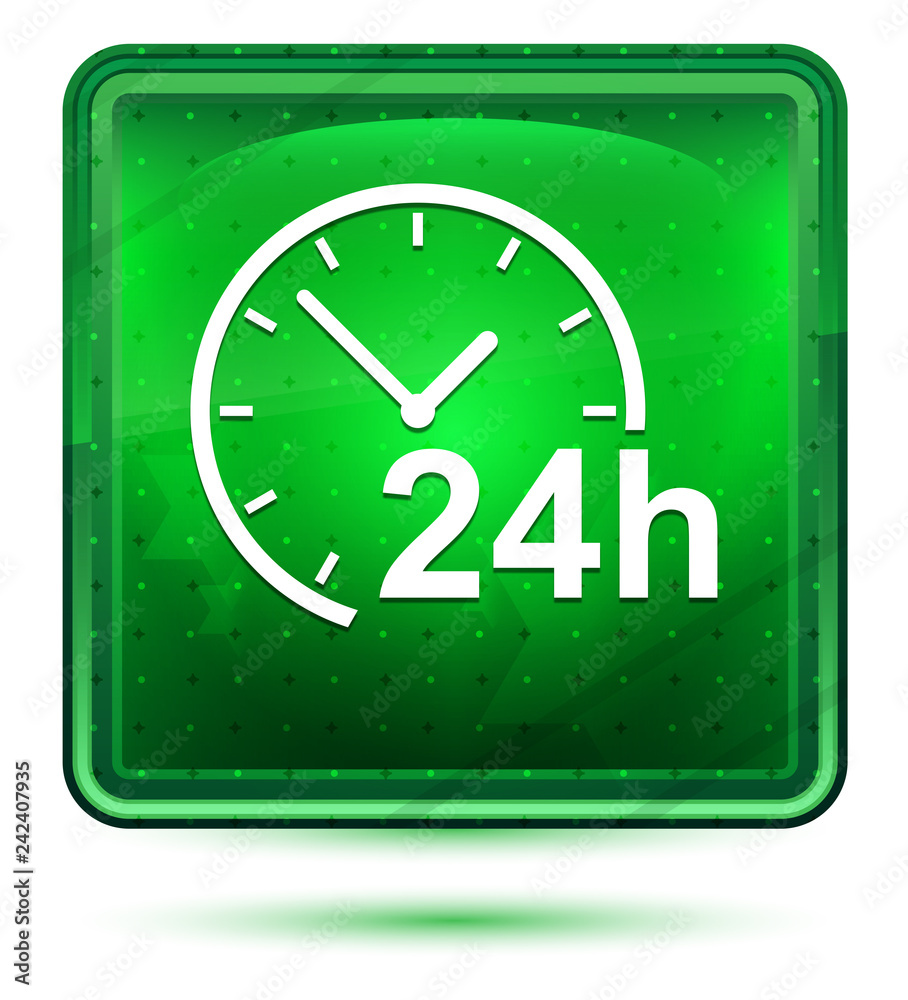 24 hours clock icon neon light green square button 24 hours clock icon neon light green square button