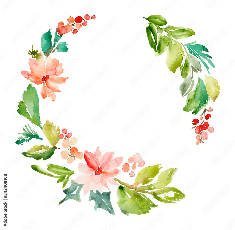 Fototapeta premium Watercolor Christmas Background with Painted Holly Berries and Leaves