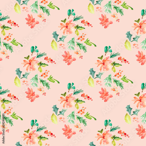 Watercolor Christmas Background with Painted Holly Berries and Leaves