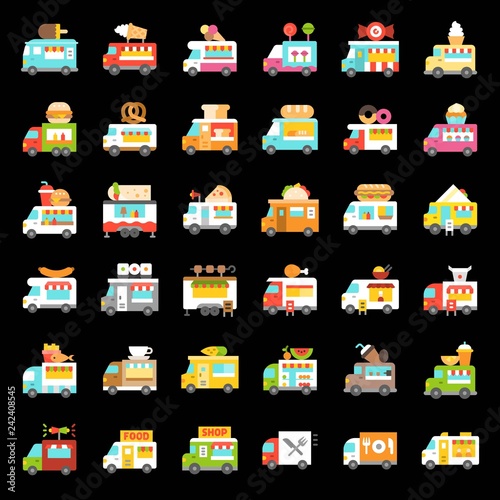 Food truck vector icon set, flat style