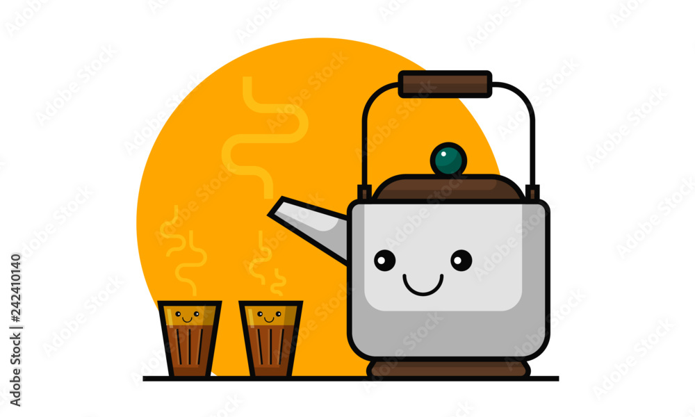 Vector illustration of Tea Pot and Tea Glasses. Indian Chai Kettle