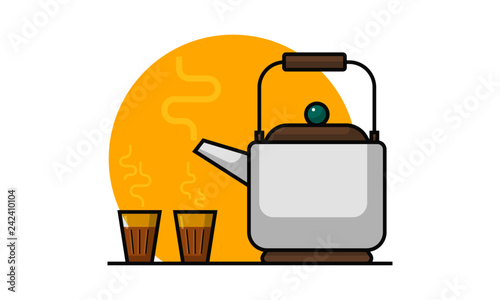 Vector illustration of Tea Pot and Tea Glasses. Indian Chai Kettle and Chai glasses. Cutting Chai Concept