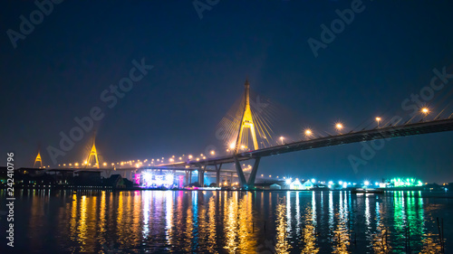 Landscape of Bhumibol bridge in the night at Bangkok Thailand