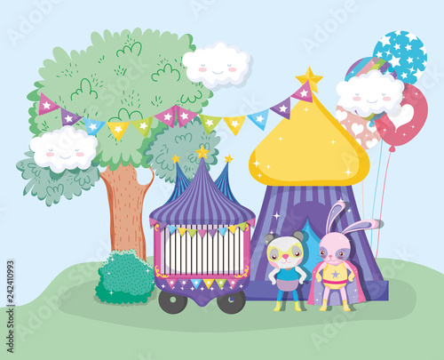 circus car and big top with rabbit and panda heroes costume