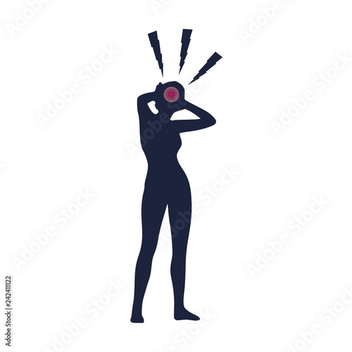 Young lady rise her hands to head. Lightings around head. Silhouette of woman suffering from head migraine. Stressed exhausted young woman having strong tension headache