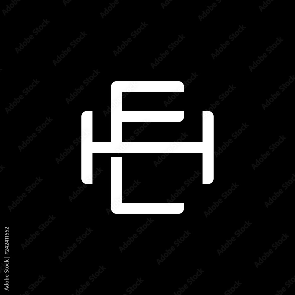 Initial letter H and E, HE, EH, overlapping interlock monogram logo, white color on black background Initial letter H and E, HE, EH, overlapping interlock monogram logo, white color on black background