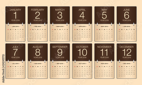 Year 2019 monthly calendar vector illustration