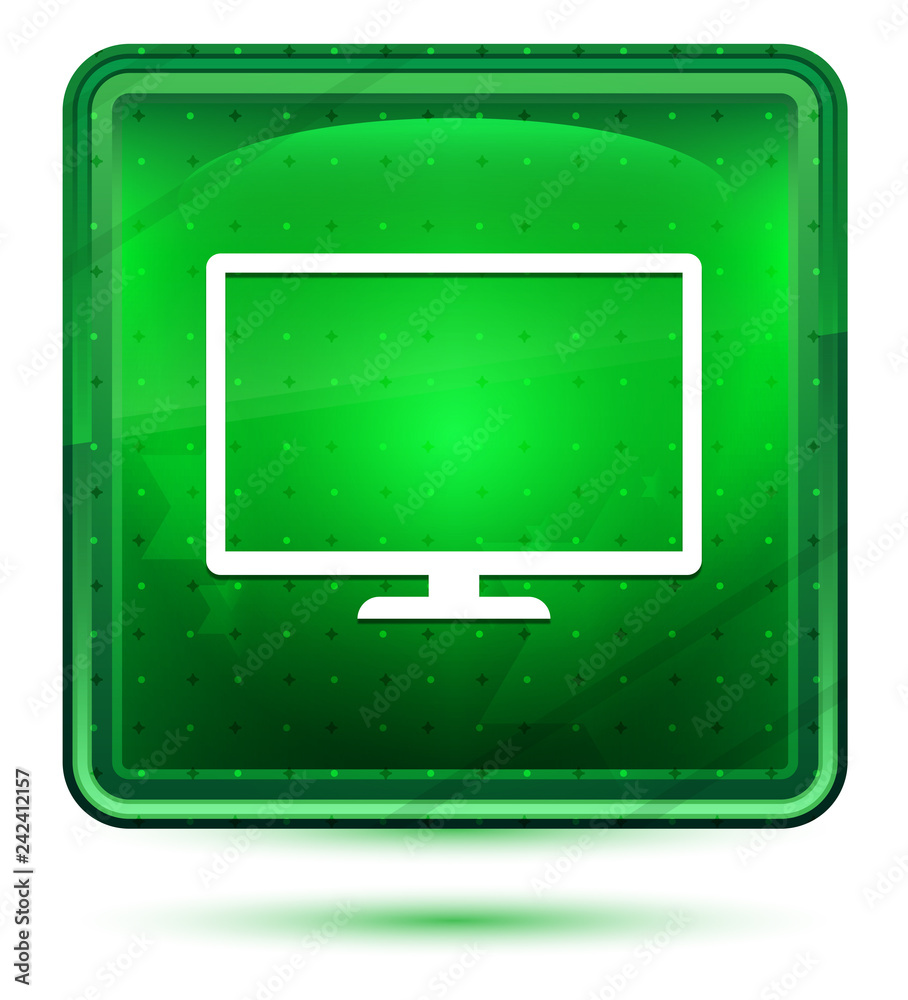 Monitor icon neon light green square button Monitor icon neon light green square button