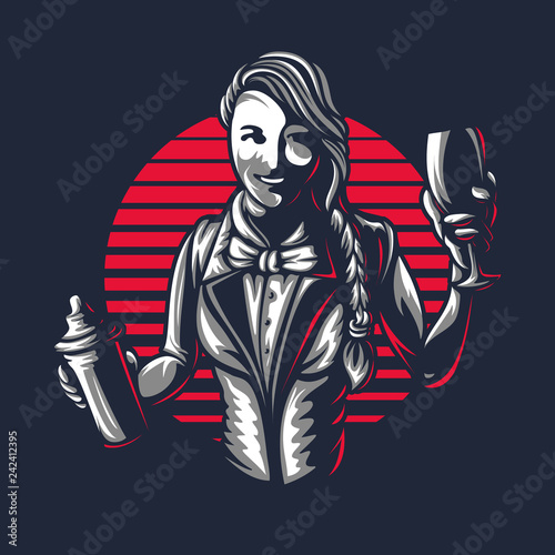 Happy woman bartender or barman young girl at work silhouette with shaker in old engraved style retro vintage graphic design logo template stamp isolated on black background Vector illustration emblem