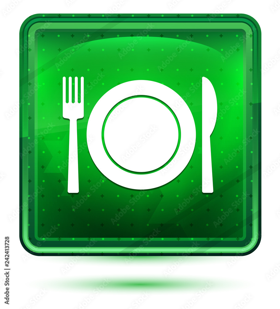 Plate with fork and knife icon neon light green square button Plate with fork and knife icon neon light green square button