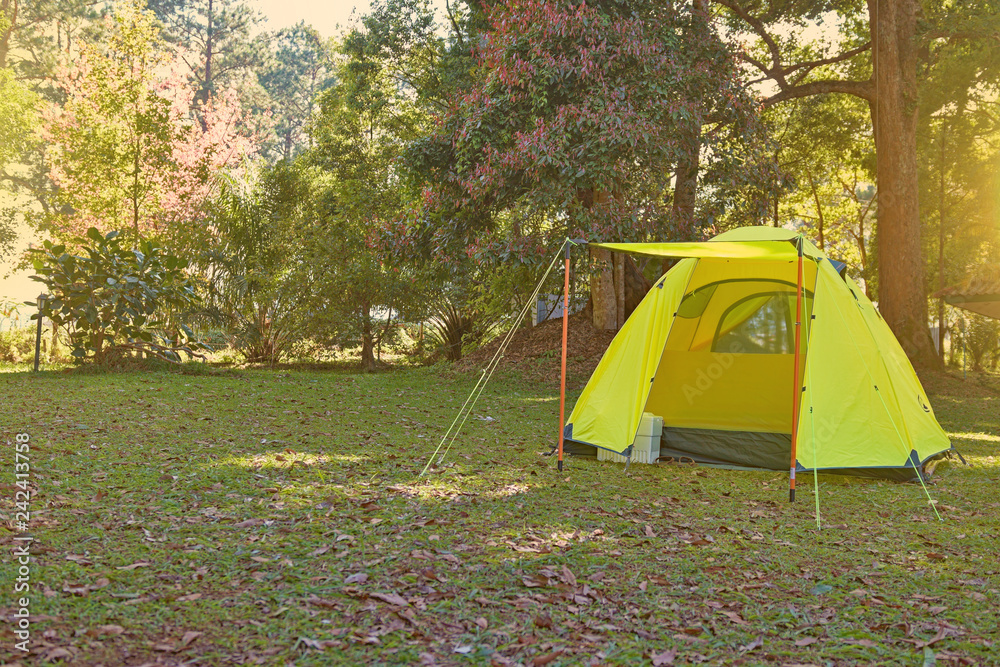 Yellow tent on vacation in the forest